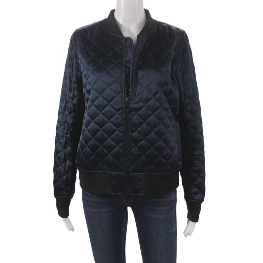 Tory Sport Womens Bomber Jacket Blue Argyle Zip Triacetate Long Sleeve Size S